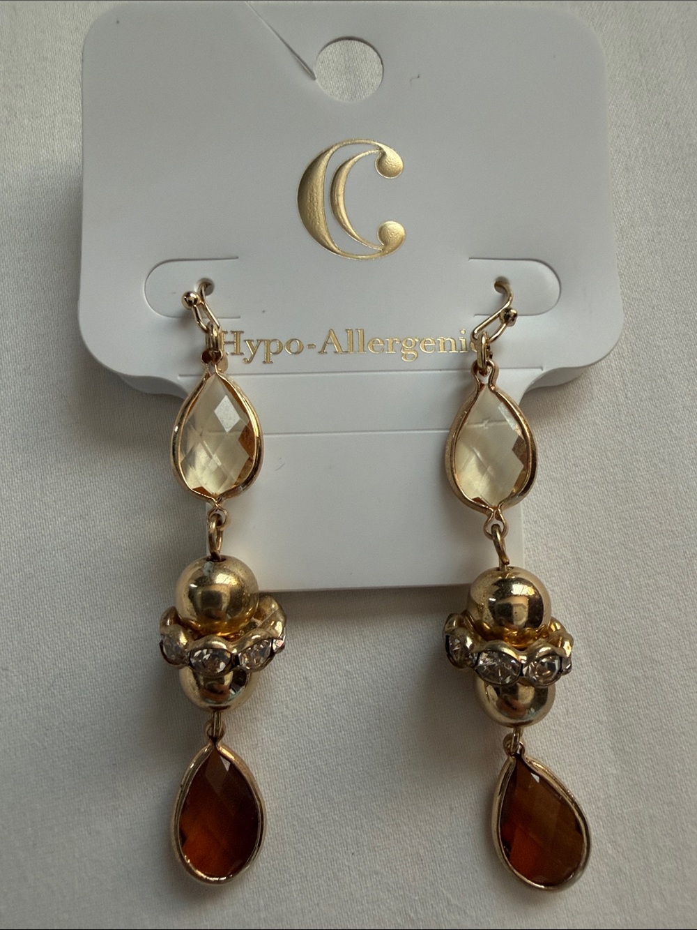 Gold-Tone Drop Earrings with Amber and Clear Stones